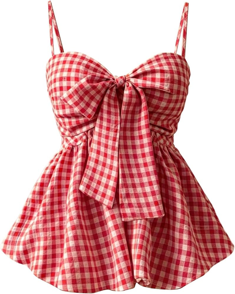 Milumia Women's Plaid Gingham Cami Top Tie Bow Ruffle Peplum Babydoll Tops | Amazon (US)