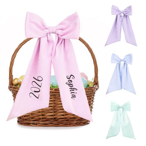 Ulico Personalized Easter Basket Ribbon with Embroidered Name,Custom Seersucker Wreath Bows,Monogram Bunny Wreath Sash for Front Door Spring Easter Decorations（Pink） | Amazon (US)