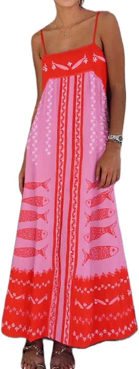 Juakoso Women Spaghetti Strap Maxi Dress Summer Sleeveless Flowy Long Dress Y2k Floral Print Vaca... | Amazon (US)