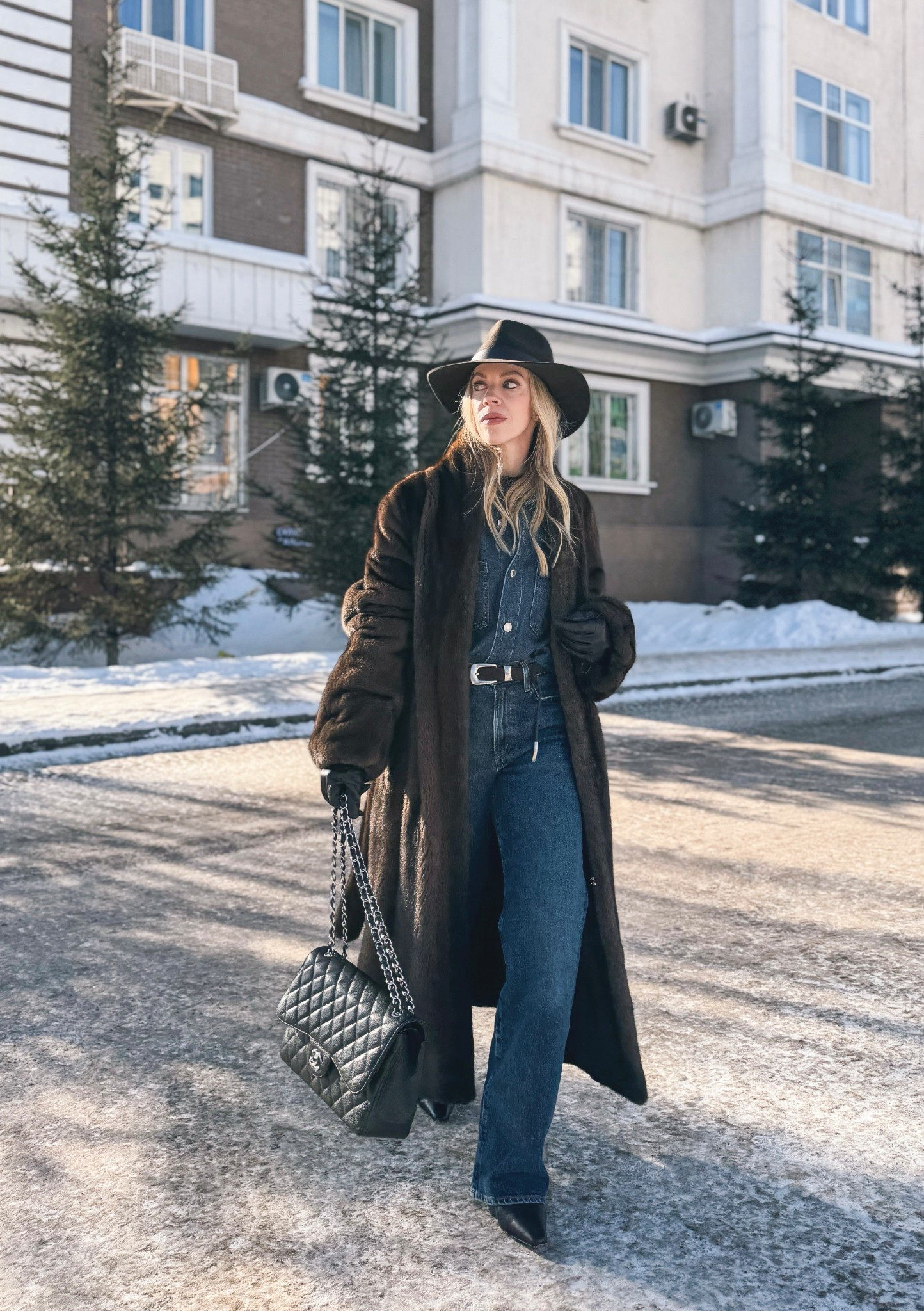 Chocolate brown fur coat, all denim winter outfit, denim on denim, western style winter outfit, @Janessa Leone chocolate brown wool hat, @Shopbop dark wash jeans

#LTKOver40 #LTKSeasonal #LTKSaleAlert