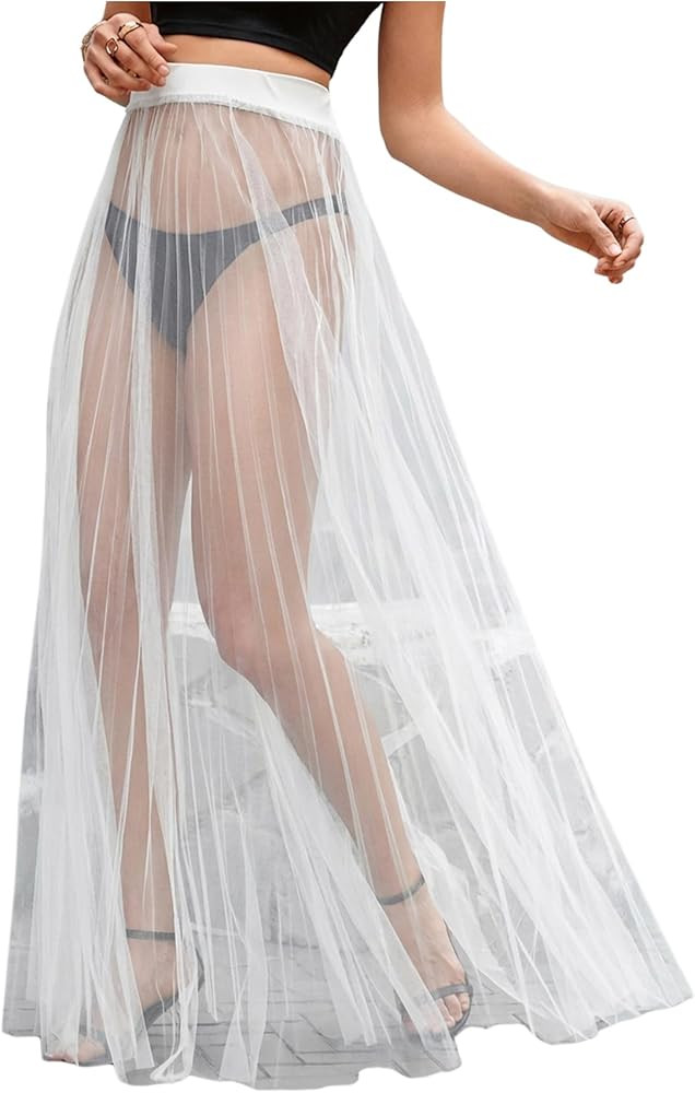 OYOANGLE Women's Sheer Mesh Maxi Flowy Skirt High Waist Vacation Concert Bridal A Line Long Skirt... | Amazon (US)