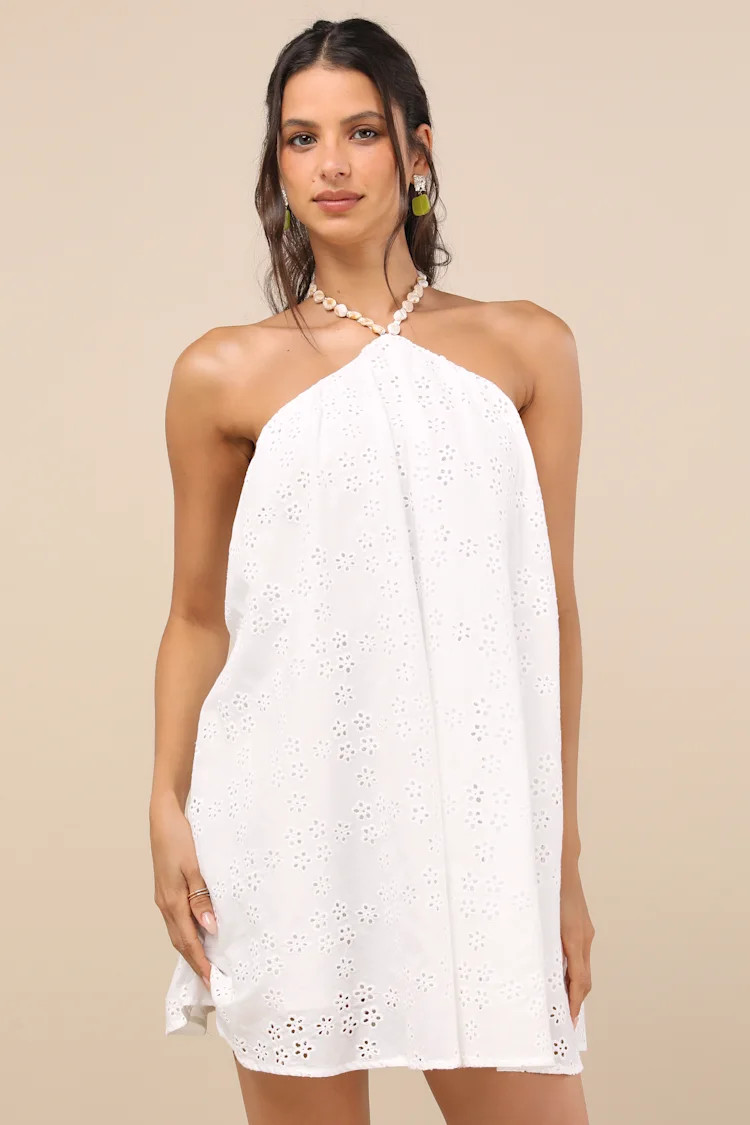Mina White Eyelet Embroidered Shift Mini Dress | Lulus