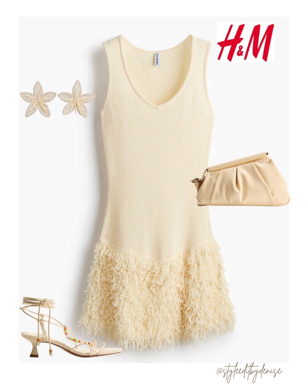 Resort Ready: The H&M Textured Ivory & Gold Edit ✨

Because your style speaks.
An elevated neutral moment — soft textures, clean lines, and a touch of resort-wear chic. 

I am completely head over heels for this textured fringe mini dress from H&M. The knit construction keeps it feeling effortless, while the fringe hem gives it that perfect high-fashion movement for a summer night out.

To elevate the look, I’ve paired it with a classic cream ruched clutch, strappy lace-up sandals, and the most stunning statement starfish earrings. It’s the ultimate combination of texture and "quiet luxury" sophistication.

#HMxME #HMFinds #ResortWear #SummerStyle #IvoryAndGold #QuietLuxury #TexturePlay #LTKunder100

#LTKootd #LTKgrwm