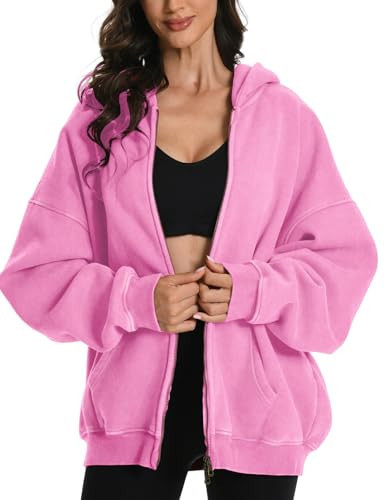 FAIABLE Womens Mens Double Zip Up Hoodie Oversized Acid Wash Heavyweight Hoodies Distress Cotton Fleece Vintage Y2k Full Zipper Couples Sweatshirt Light Pink | Amazon (US)