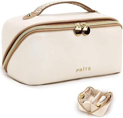 Prite Makeup Bag for Women Travel Waterproof Vegan Leather Cosmetic Bag Open Flat Toiletry Bag Wi... | Amazon (US)