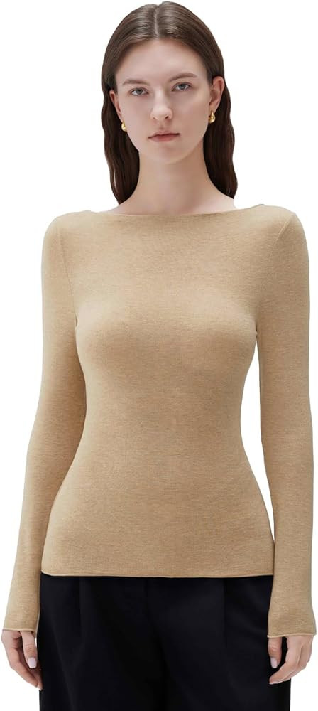 SUUKSESS Cloud Cashmere Women Boat Neck Fitted Long Sleeve Shirt Basic Knit Tops | Amazon (US)