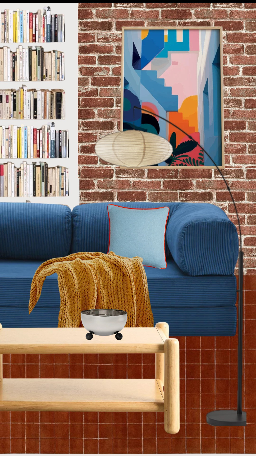 Brooklyn vibes with a touch of the 70s. 🛋️✨ This mood board was created for a client’s new Brooklyn apartment, blending warm earth tones, textured brick, and a bold corduroy sofa that’s straight out of a retro dream. This showstopper transforms into the ultimate conversation pit—perfect for hosting or just lounging in style. Paired with pops of blue and cozy accents, it’s giving modern meets vintage in the best way. 

 #LTKHome #LTKStyleTip