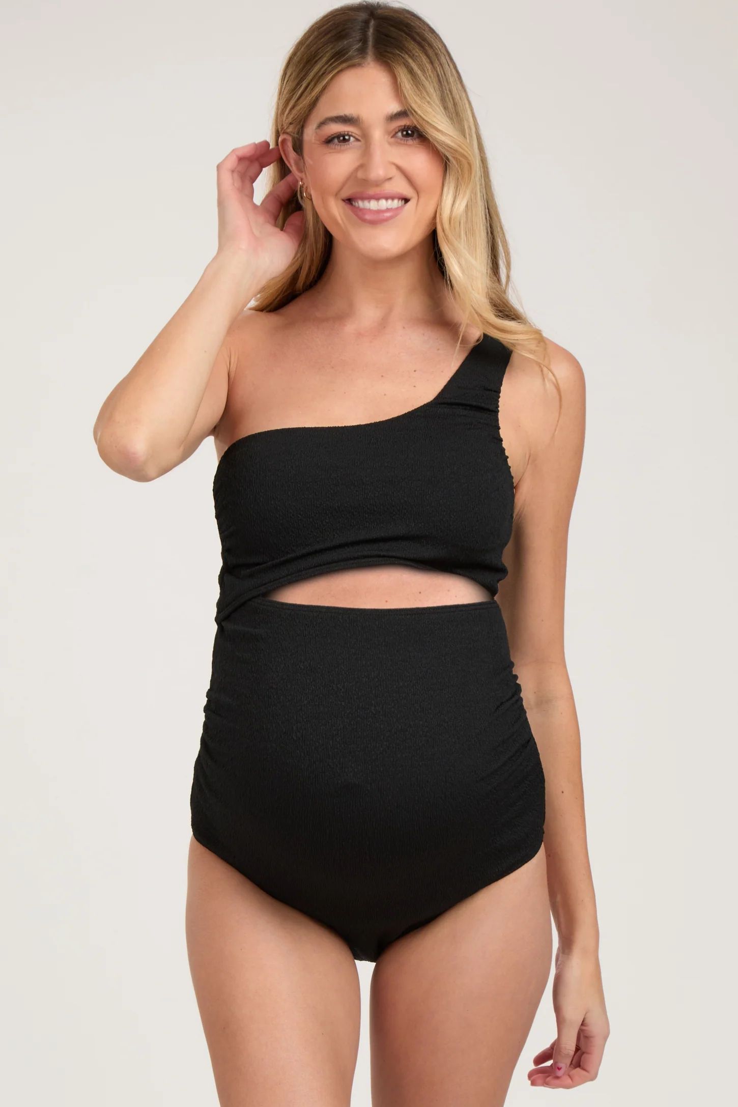 Black Asymmetrical One Shoulder Side Cutout One-Piece Maternity Swimsuit | PinkBlush Maternity