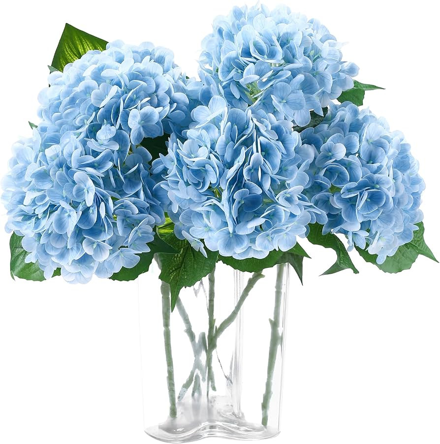 5pcs Hydrangea Artificial Flowers Real Touch 20 inch Lifelike Hydrangea Flower for Home Wedding Office Party Living Room Decoration (Baby Blue) | Amazon (US)