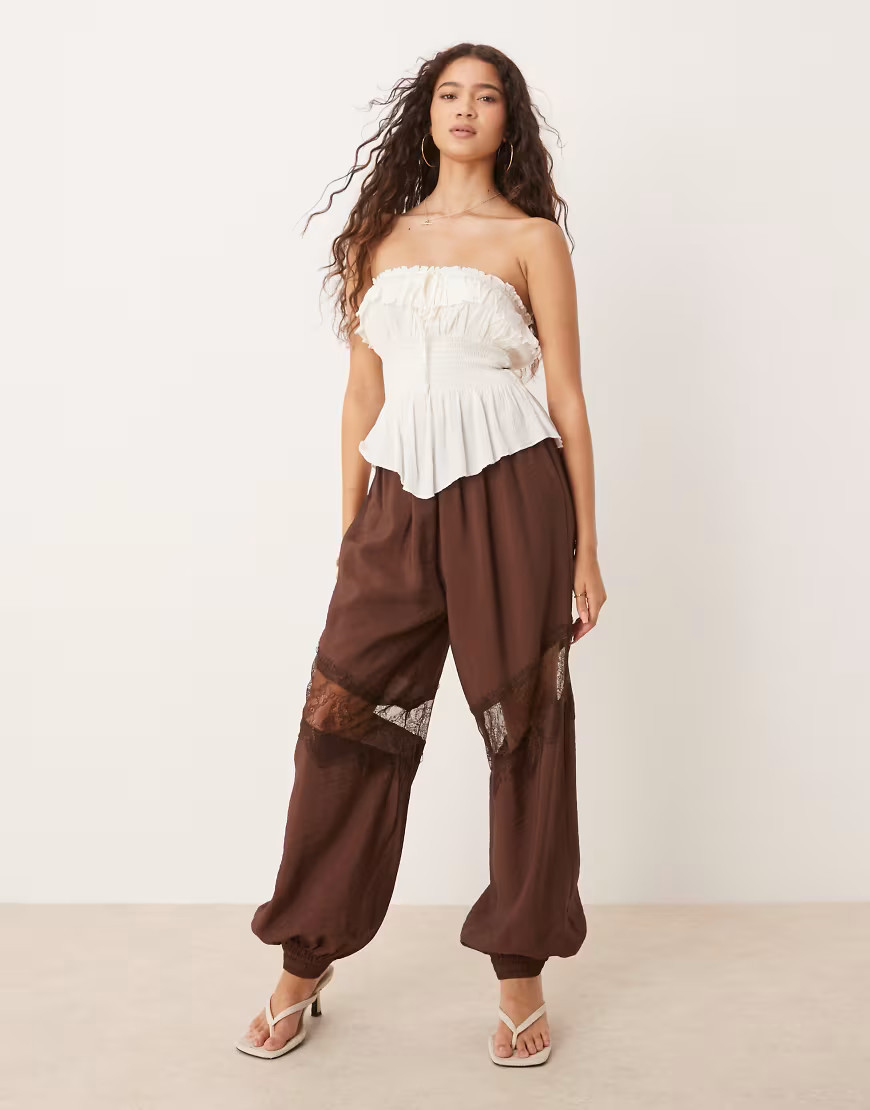 ASOS DESIGN lace insert harem pants in chocolate-Brown | ASOS (Global)