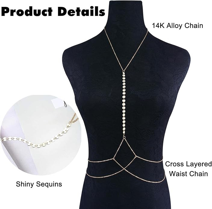 14K Gold Plated Sexy Body Chains for Women, Layered Rhinestone Crossover Bikini Bra Body Jewelry,... | Amazon (US)
