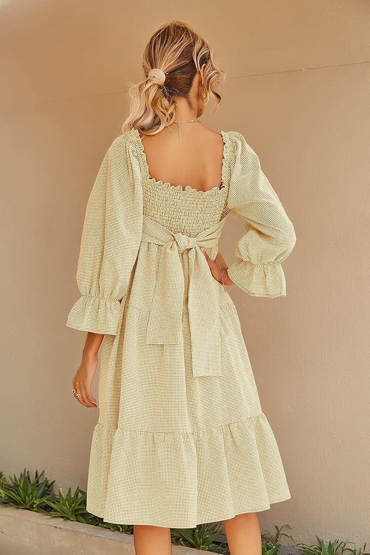 R.Vivimos Women's Summer Cotton Plaid Puff Sleeves Bow Casual Off-Shoulder Boho Midi Dress | Amazon (US)