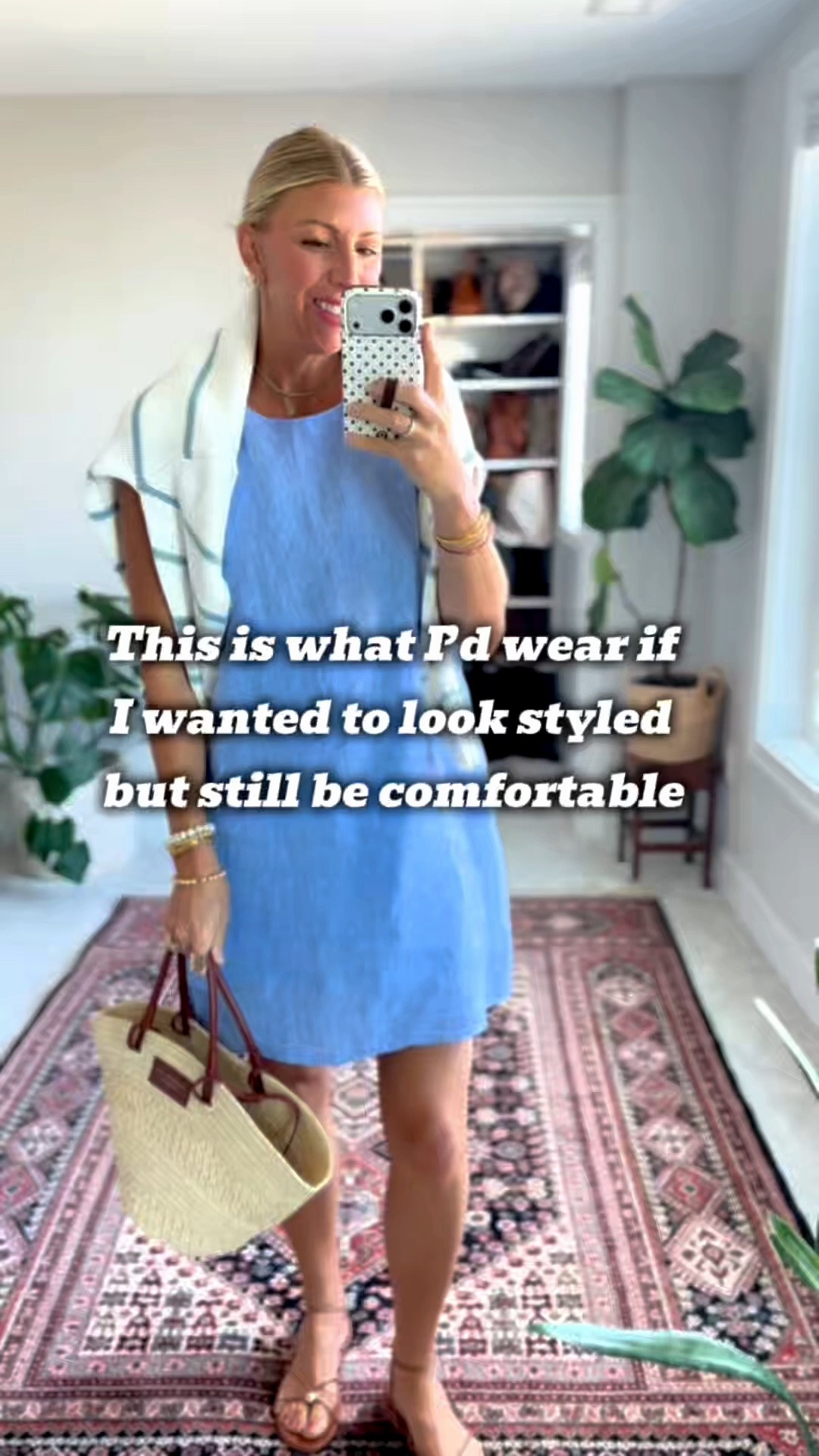 This is what I’d wear if I wanted to look styled, but still comfortable.

100% linen dress, cotton sweater draped over my shoulders, simple strap, sandal, woven tote ￼

#LTKgrwm #LTKootd #LTKOver40
