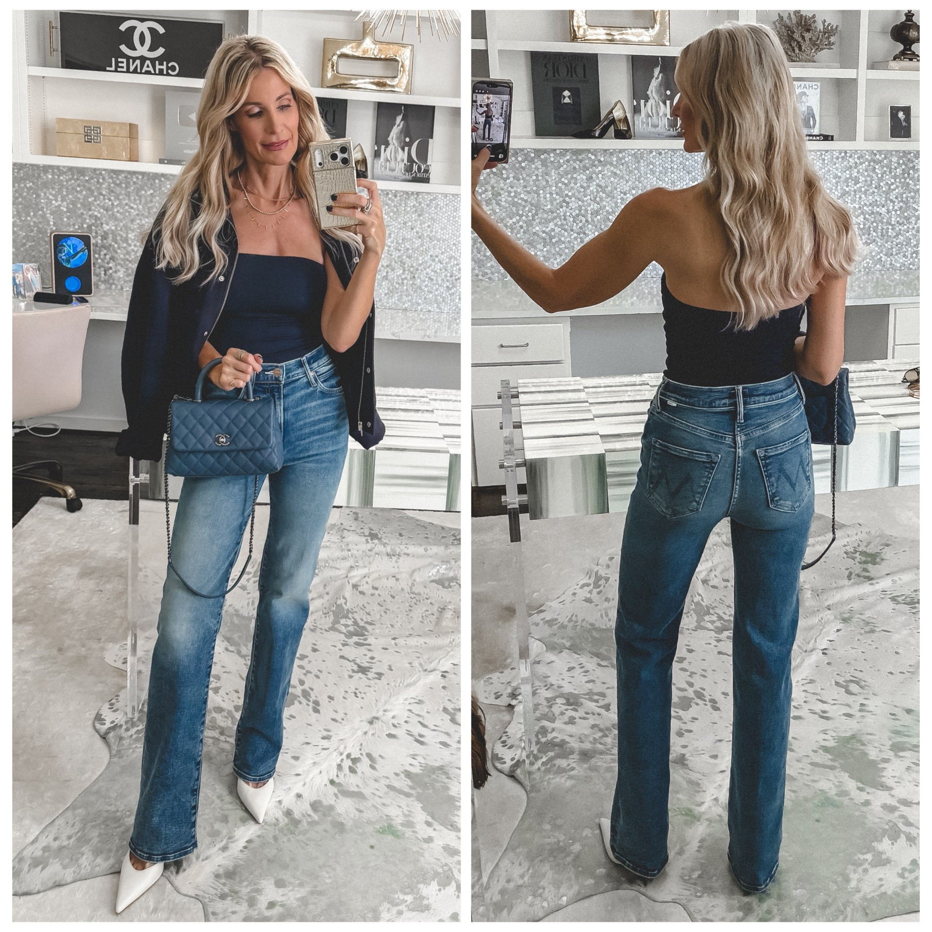 Mother jeans ON SALE!! 

Effortless but put-together — exactly what I want for a fall lunch out. These Mother jeans are high-waisted, straight leg, with just the right amount of stretch, in a navy wash that's perfect for the season. Sized true to size in a 24.

Layered with a bomber jacket that's a fall must-have — wrinkle-free, easy to wear, and instantly elevates any casual look. True to size in an XS.

A matching tube top underneath ties it all together for that monochrome-but-not-boring effect.

Fit notes: Denim — true to size (24) / Jacket — true to size (XS)

#LTKootd #LTKgrwm #LTKOver40