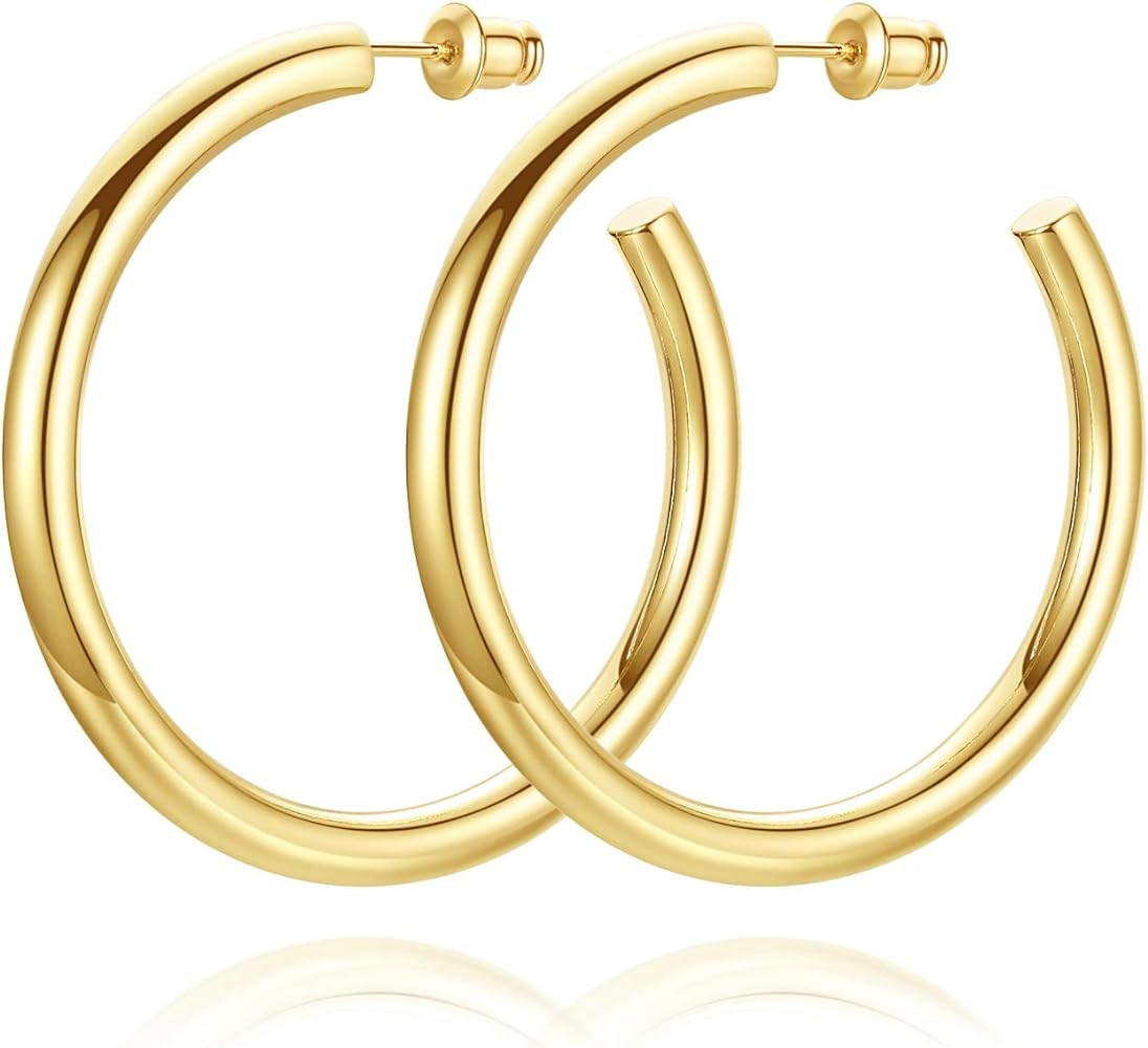 Howoo 14K Gold Plated Chunky Gold Hoops High Polished Gold Hoop Earrings for Women | Amazon (US)