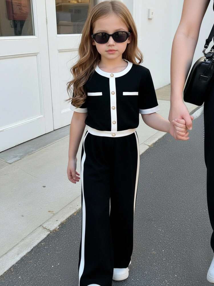 Young Girls Contrast Trim T-Shirt & Pants Set | SHEIN
