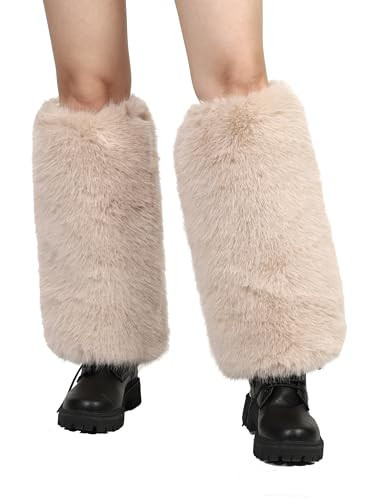 sy soul young Faux Fur Leg Warmers Boot Cuffs for Women Winter Fluffy Ankle Warmers Cover Halloween Sexy Santa Costume(One Size,Apricot) | Amazon (US)