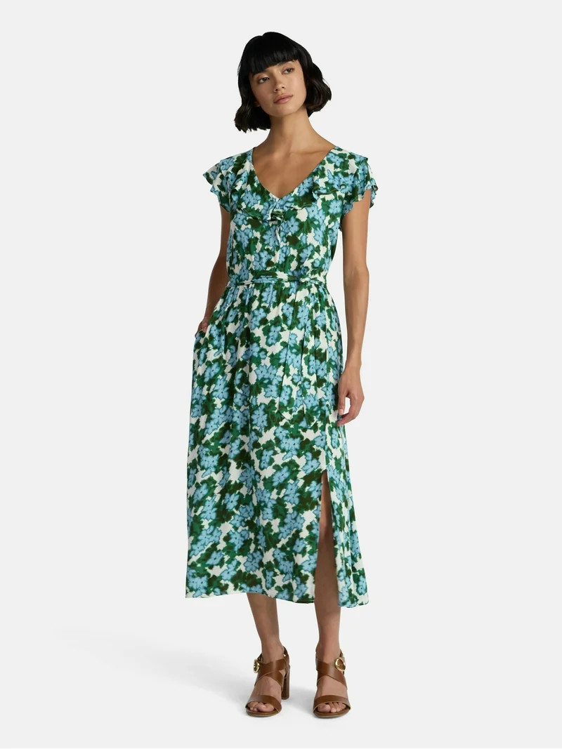 Time and Tru Women's and Women's Plus Ruffle Midi Dress with Flutter Sleeves, Sizes XS-4X | Walmart (US)