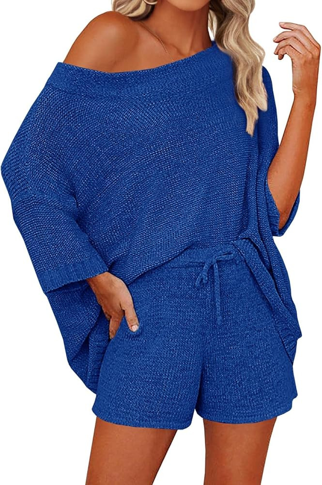 Mafulus Women's 2 Piece Outfits Sweater Sets Off Shoulder Knit Top Shorts Matching Suits Cute Paj... | Amazon (US)