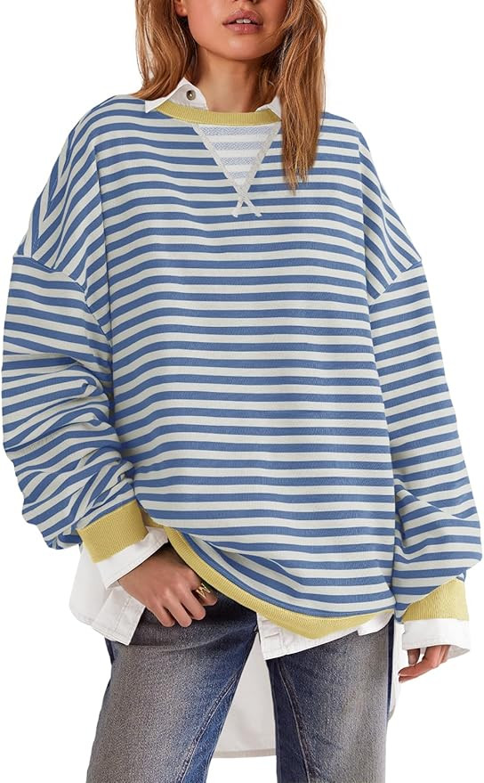 SENSERISE Womens Oversized Classic Striped Crewneck Sweatshirts Long Sleeve Color Block Shirts Ca... | Amazon (US)