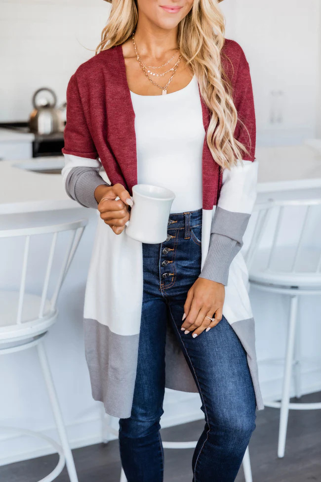 Secret Obsession Colorblock Burgundy Cardigan | The Pink Lily Boutique