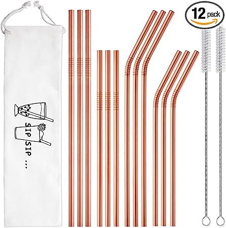 Hiware 12-Pack Rose Gold Metal Straws Reusable with Case - Stainless Steel Drinking Straws for 30... | Amazon (US)