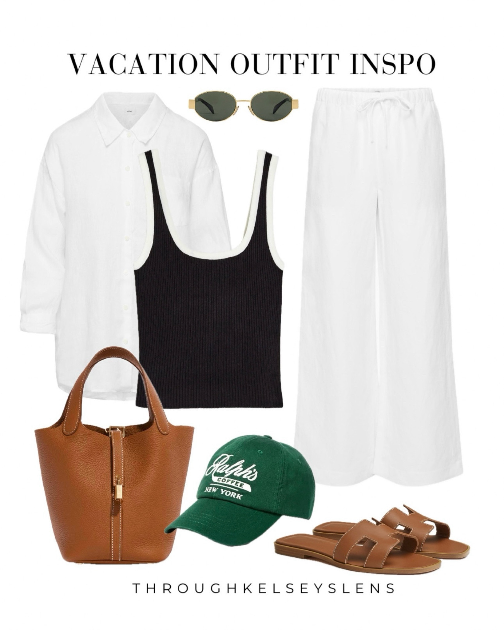 Hot weather vacation or summer outfit inspo
- White linen shirt
- White linen Aritzia Lodge pants
- H&M black and white trim tank top
- Hermes Picotin 18 in gold
- Hermes Oran sandals in gold
- Celine Triomphe metal sunglasses 
- Ralph’s Coffee hat

#LTKtravel #LTKeurope #LTKitbag