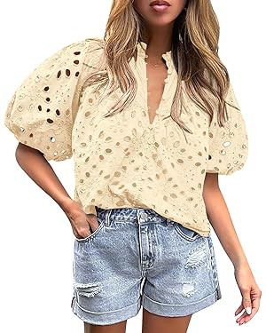 PRETTYGARDEN Womens Hollow Out Lace Embroidered Blouse | Amazon (US)