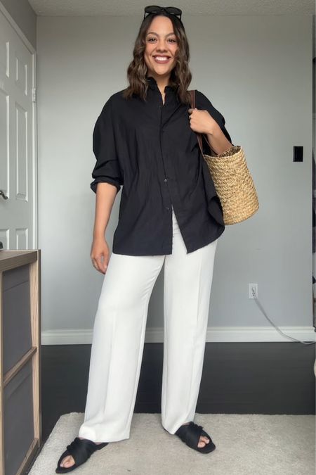 Classy summer outfit!

-Black poplin button up, similar options linked. 
-Aritzia white high rise tailored trousers, I have a size 10. Called the Aritzia effortless pants. 
-Black Zara sandals. 
-Gap straw tote bag. 


#LTKstyletip #LTKsummer #LTKworkwear