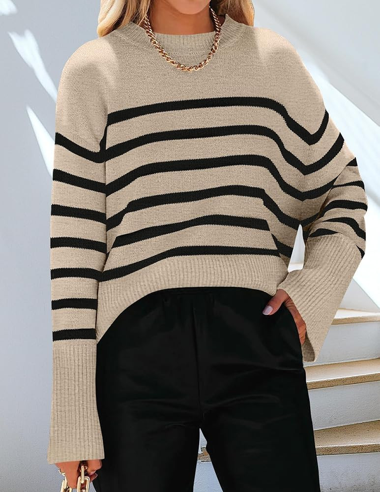 ZESICA Women's 2024 Fall Winter Striped Long Sleeve Crew Neck Ribbed Knit Side Slit Oversized Pul... | Amazon (US)