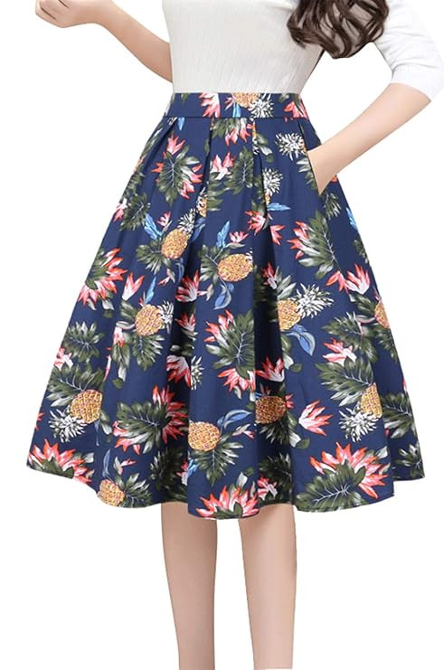 Tandisk Women's Vintage A-line Printed Pleated Flared Midi Skirts with Pockets | Amazon (US)