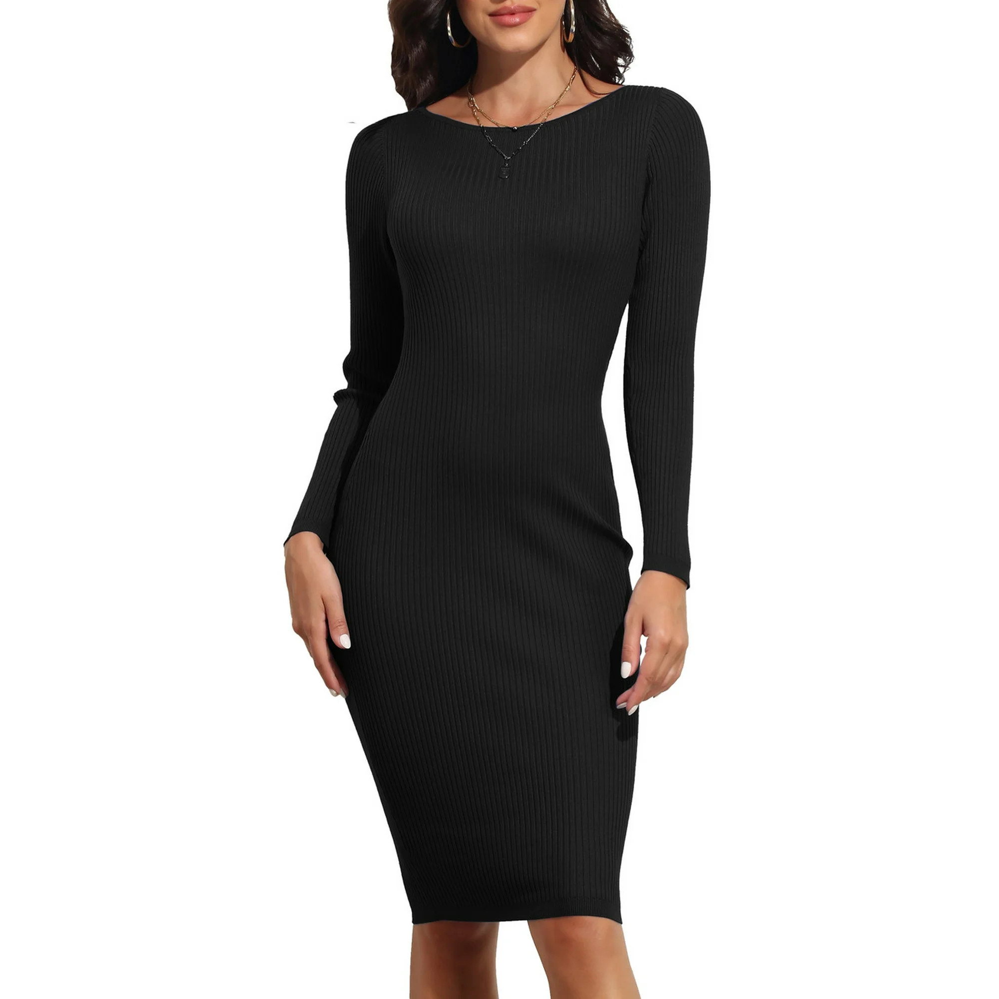 PrettyGuide Women's Boat Neck Bodycon Sweater Dress Long Sleeve Slim Fit Solid Ribbed Knit Midi P... | Walmart (US)