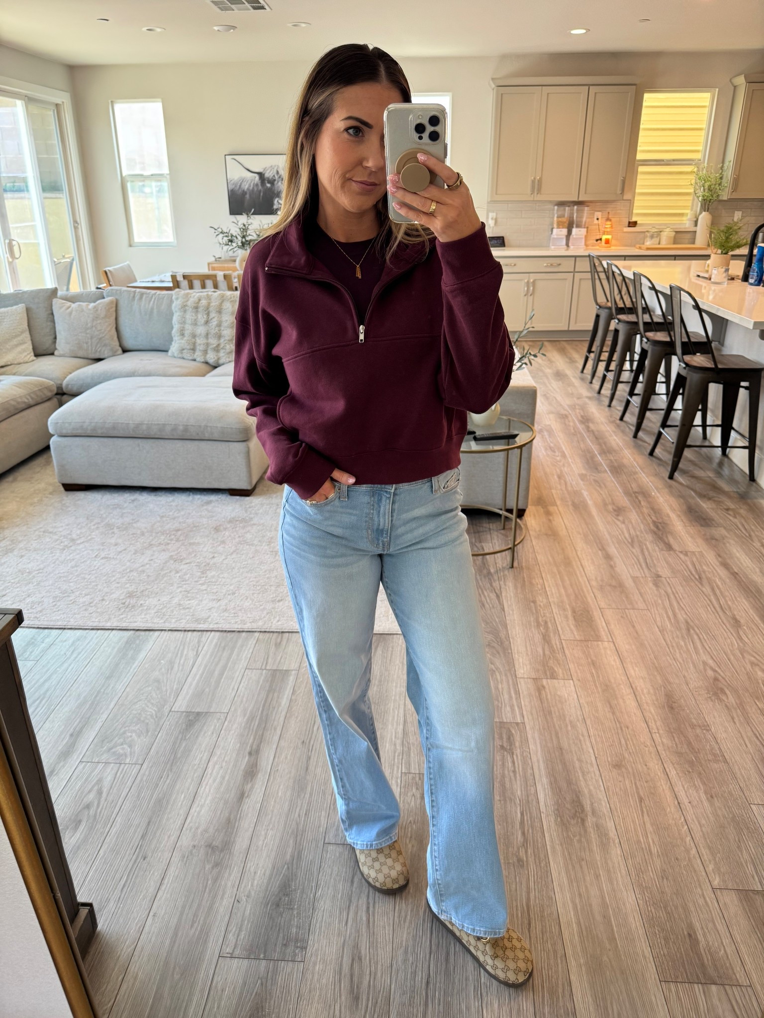 1/2 Zip is size medium and $16 denim I’m obsessed with and I’m wearing a size XS long  

#LTKootd #LTKgrwm #LTKmomlife