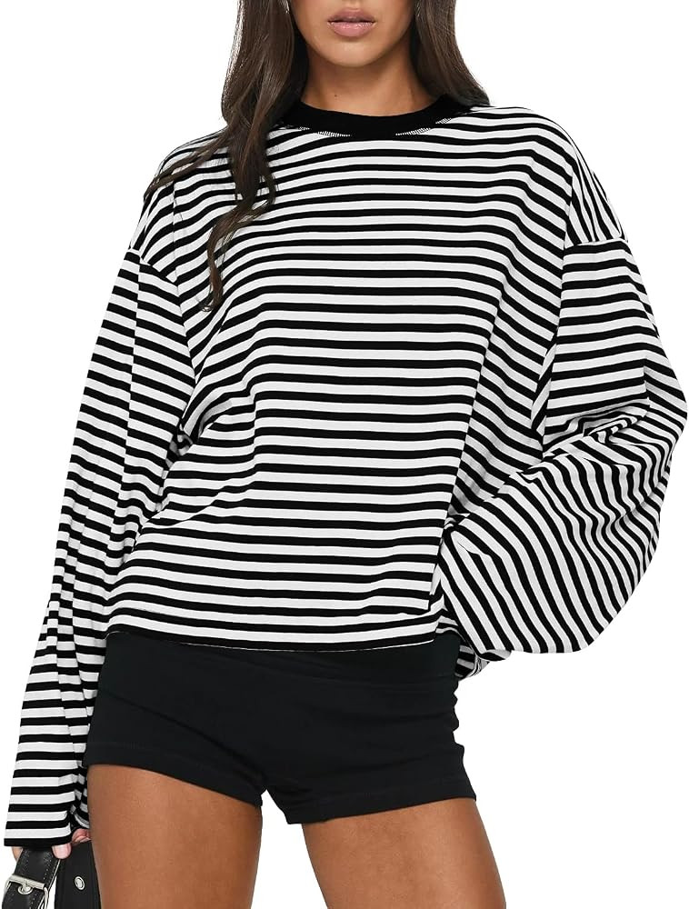 Women Y2k Vintage Striped Oversized Crewneck Sweatshirt Long Sleeve Pullover Tee Shirts Fall Teen... | Amazon (US)