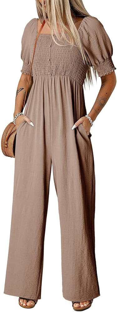 Dokotoo Jumpsuits for Women 2026 Summer Lantern Sleeves Rompers Wide Leg Casual Overalls with Poc... | Amazon (US)