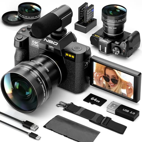 NBD 5K Digital Cameras for Photography - 16X Zoom Travel Camera with 180° Flip Screen, 64MP Vlogging Cameras Fotograficas for YouTube, 2 Batteries & 64GB TF Card,Auto Focus, Macro Lens (Black) | Amazon (US)