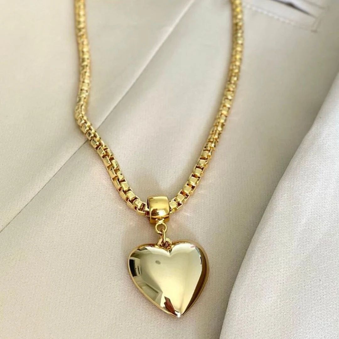 Gold Love Heart Necklace Large Gold Puffy Love Heart Pendant Gold Love Heart Necklace Charm Big L... | Etsy (US)