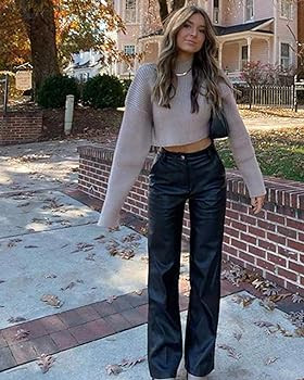 Women's Faux Leather Pants Button PU Jeans Straight Wide Leg Trousers with Pockets | Amazon (US)