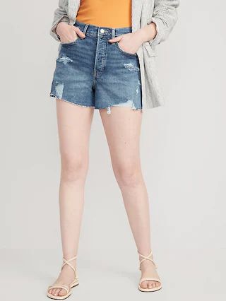 Higher High-Waisted Button-Fly A-Line Ripped Cut-Off Jean Shorts for Women -- 3-inch inseam | Old Navy (US)