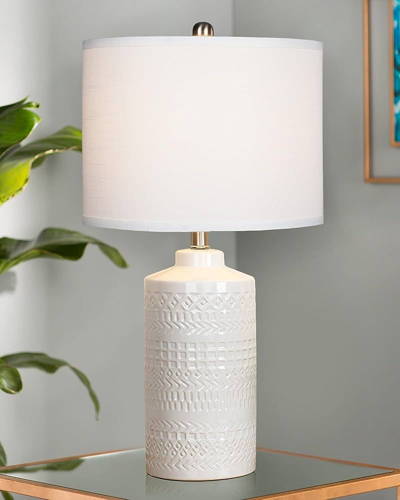 JUNNAI 24.5" White Ceramic Table Lamp: 3-Way Dimmable Nightstand Lamp with White Linen Shade | Of... | Amazon (US)