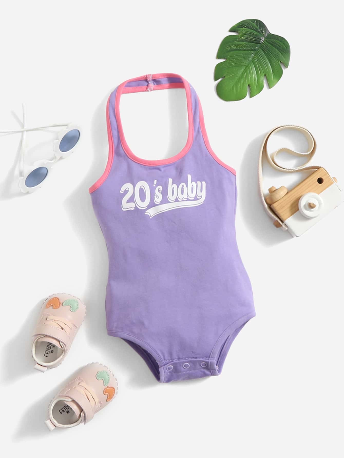 SHEIN Baby Letter Graphic Contrast Binding Halter Bodysuit | SHEIN