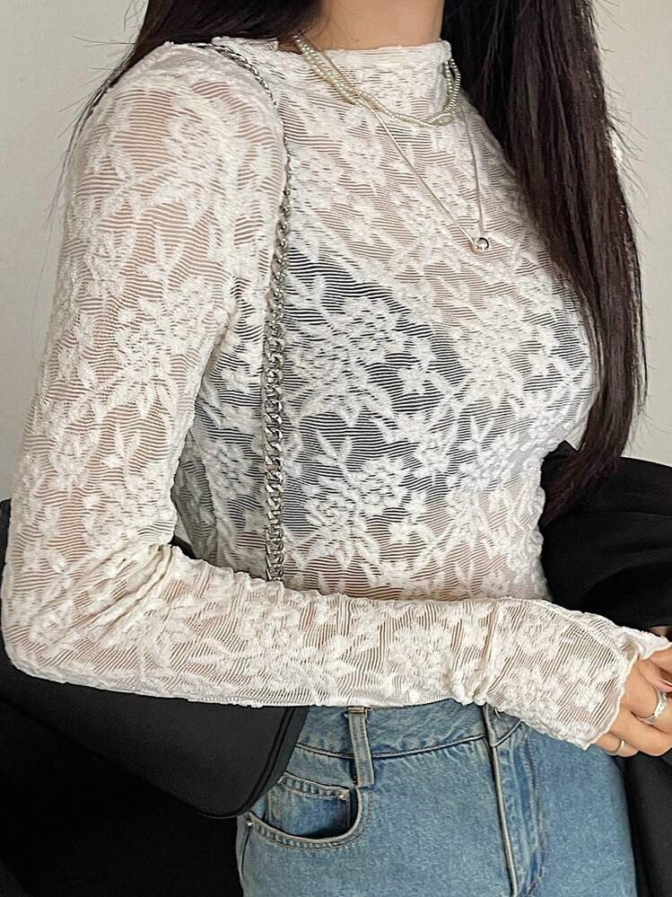 DAZY Lace See-Through High Neck Skinny Long Sleeve Blouse For Women | SHEIN