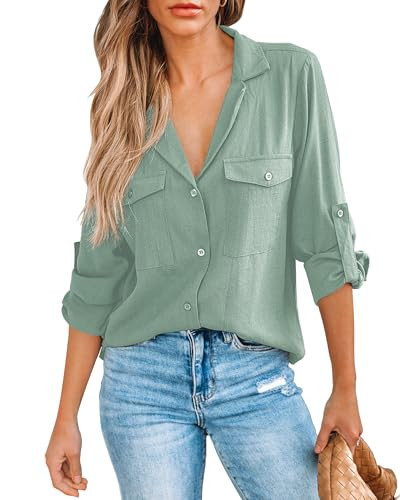 GRAPENT Plus Size Linen Tops Green Button Down Shirt Women Blouses for Women Casual Linen Button Up Shirts for Women Linen Tops for Women Summer Granite Green Size X-Large US Size 16 to Size 18 | Amazon (US)