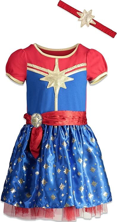 Captain Marvel Girls Short Sleeve Costume Dress & Headband Superhero Cosplay | Amazon (US)