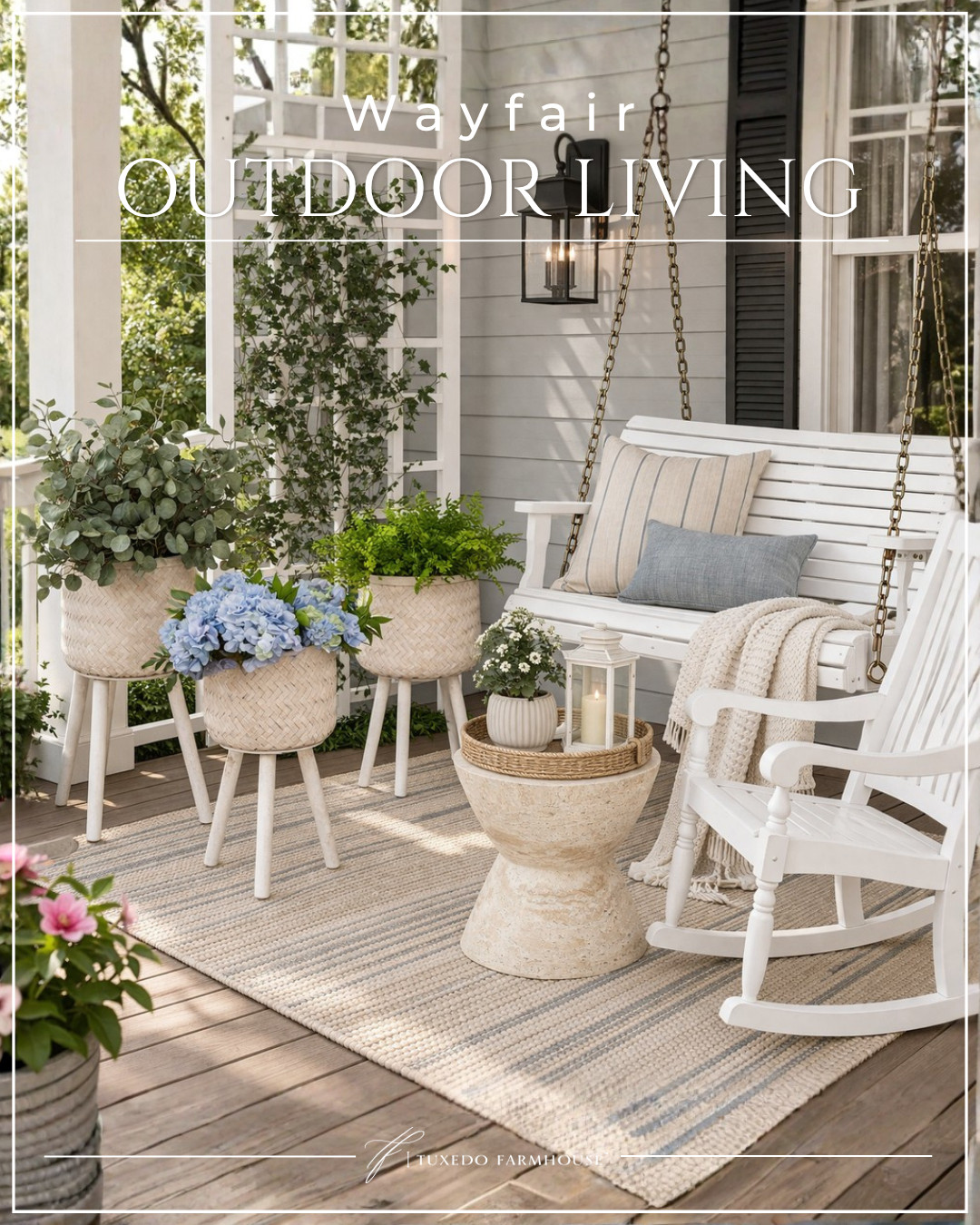 Cozy porch perfection 🤍✨

This dreamy outdoor setup is all about soft neutrals, texture, and timeless charm. The white porch swing + classic rocking chair create the perfect spot to unwind, while the stone side table adds an elevated, modern touch.

And can we talk about these woven planters?! The natural basket texture paired with fresh greenery + hydrangeas brings so much warmth and life to the space 🌿 

 #LTKSeasonal #LTKHome #LTKSaleAlert