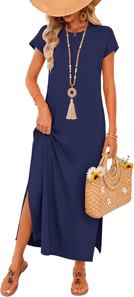 AUSELILY Women Summer Maxi Dress Short Sleeve Loose Split Wrinkle-Free Beach Travel Sundress with... | Amazon (US)