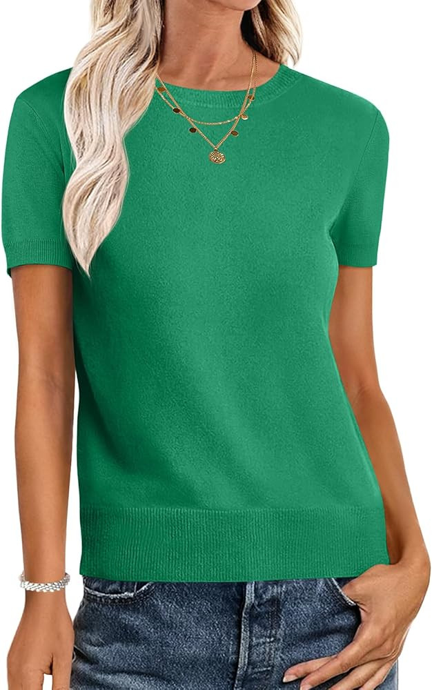 ANRABESS Womens Short Sleeve Sweaters Wool Blend Crew Neck Sweater Shirts Business Casual Work To... | Amazon (US)