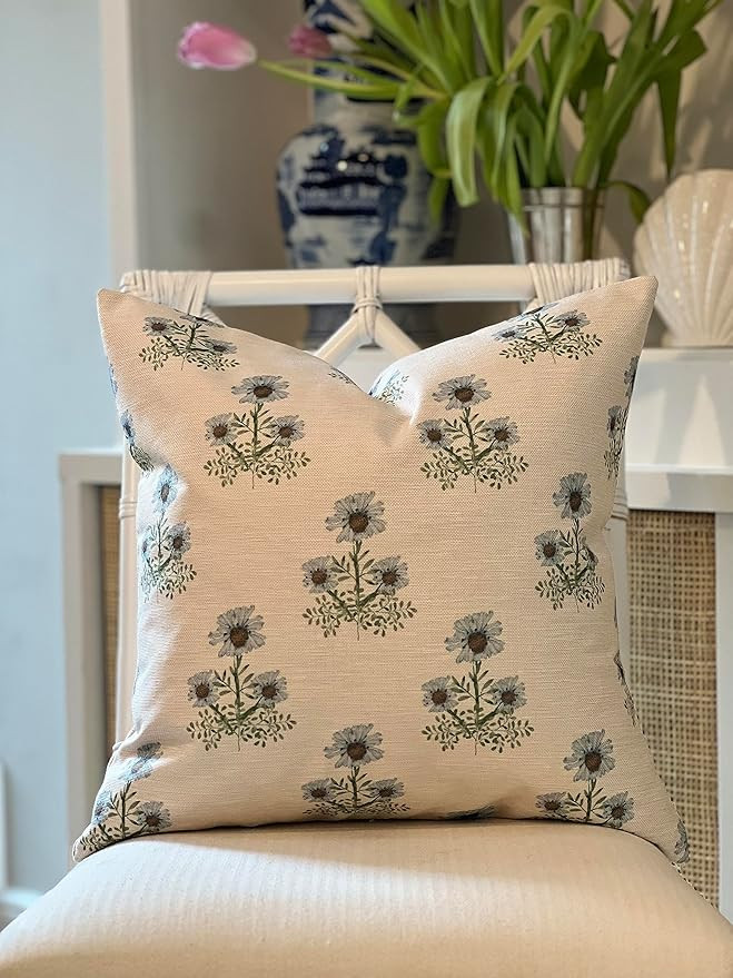 Jillien Harbor Blockprint Pillow Cover Grandmillennial Style Pillow Cover (Nantucket) | Amazon (US)