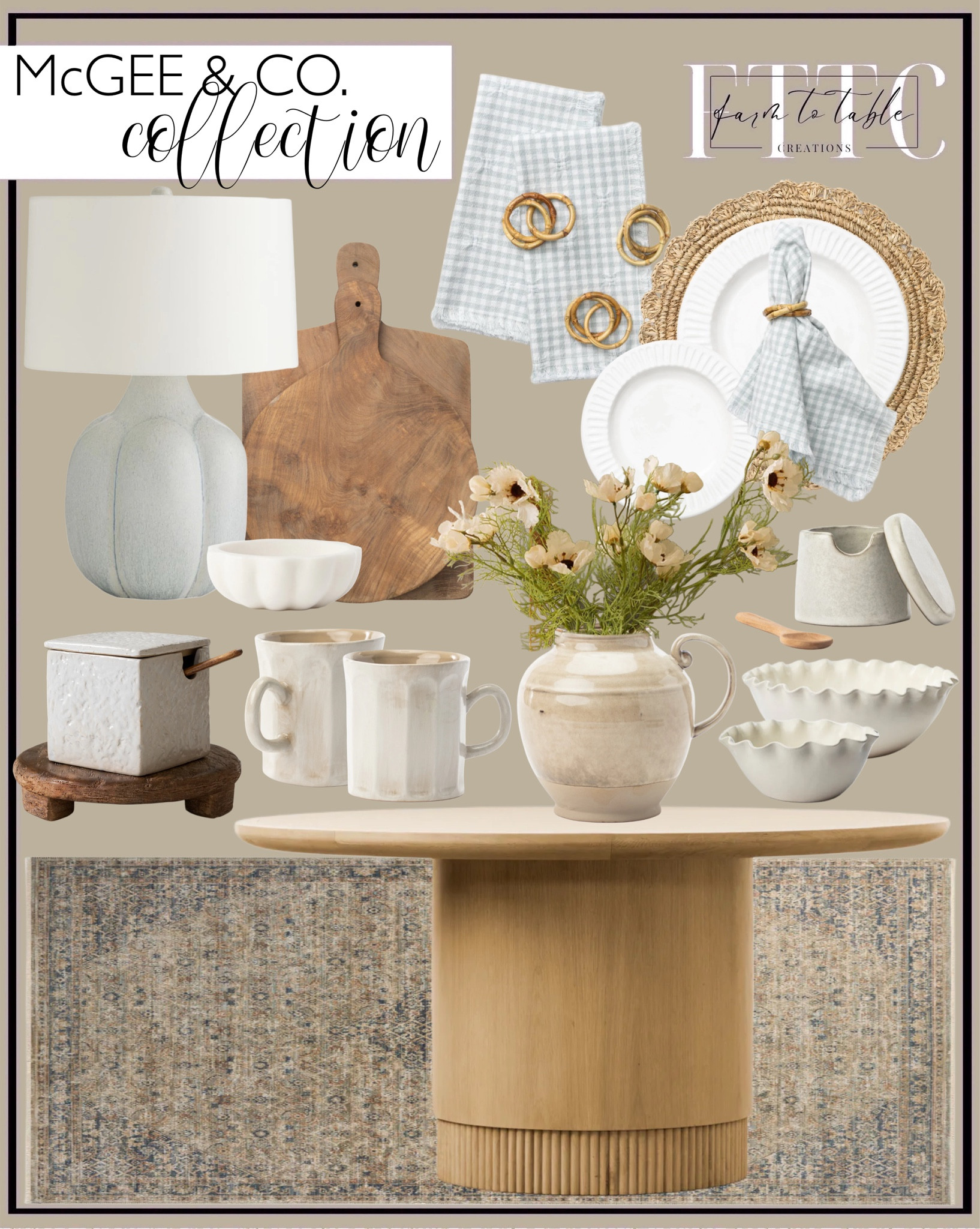 McGee & Co. Kitchen & Dining Collection. Follow @farmtotablecreations on Instagram for more inspiration.

Gilroy Oak Dining table. Eugenie Napkins. Culver Round Placemat. Adele Dinner Plate. Adele Salad Plate. Boylan Bread Board. Brown Stoneware Pitcher. Scalloped Marble Bowl. Stoneware Salt Cellar. Norfolk Wood Pedestal. Malco Salt Cellar. Barrett Rug. Fig Table Lamp. Cream Cosmos Stems. Emilia Mug. Olindo Serving Bowls. 

Living Room | Dining Room | Dining Room Artwork | Bathroom Finds | Bedroom Finds | Bedroom Furniture | nightstands | Home Decor| Fireplace Decor | Spring Refresh |  Bedroom Finds | Neutral Stems | Spring Stems | Bookshelf Decor | Bedroom Space | Cozy  Corner | Bathroom | Curated Entryway | Spring  Decor | End of Year Clearance | Trending Decor | Viral Decor  | Coffee Table Decor | Neutral Decor | Fall Stem Sale | Target Finds | Skinny Bench | Bedroom | Living Room | Breakfast Nook | Amazon Home | Target Sale | Loloi Rugs | Magnolia Home | console table | console table styling | faux stems | entryway space | front porch decor | neutral decor | entryway decor | cozy home | affordable decor |  home decor | home inspiration | console styling | entryway rug | cozy moody home | moody home decor | neutral home | bathroom decor | living room | spring decor | Hearth & Hand | Studio McGee | 2025 Home Trends | trending home | Crate&Barrel 




#LTKStyleTip #LTKFindsUnder50 #LTKHome