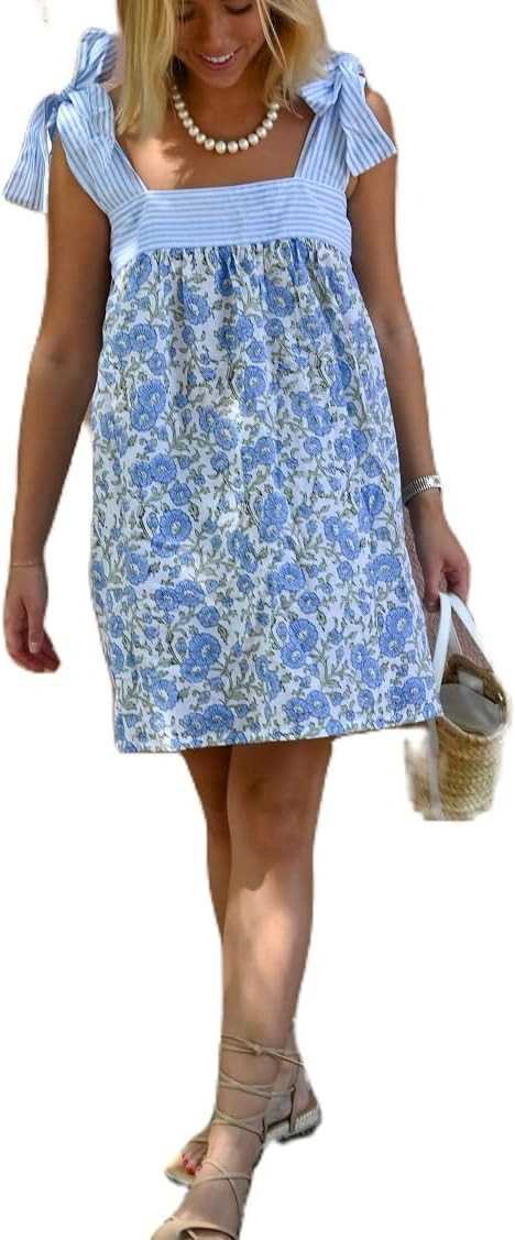 Women Y2K Tie Shoulder Mini Dress Bow Babydoll Ruffle Short Dress Summer Boho Floral Flowy Beach ... | Amazon (US)